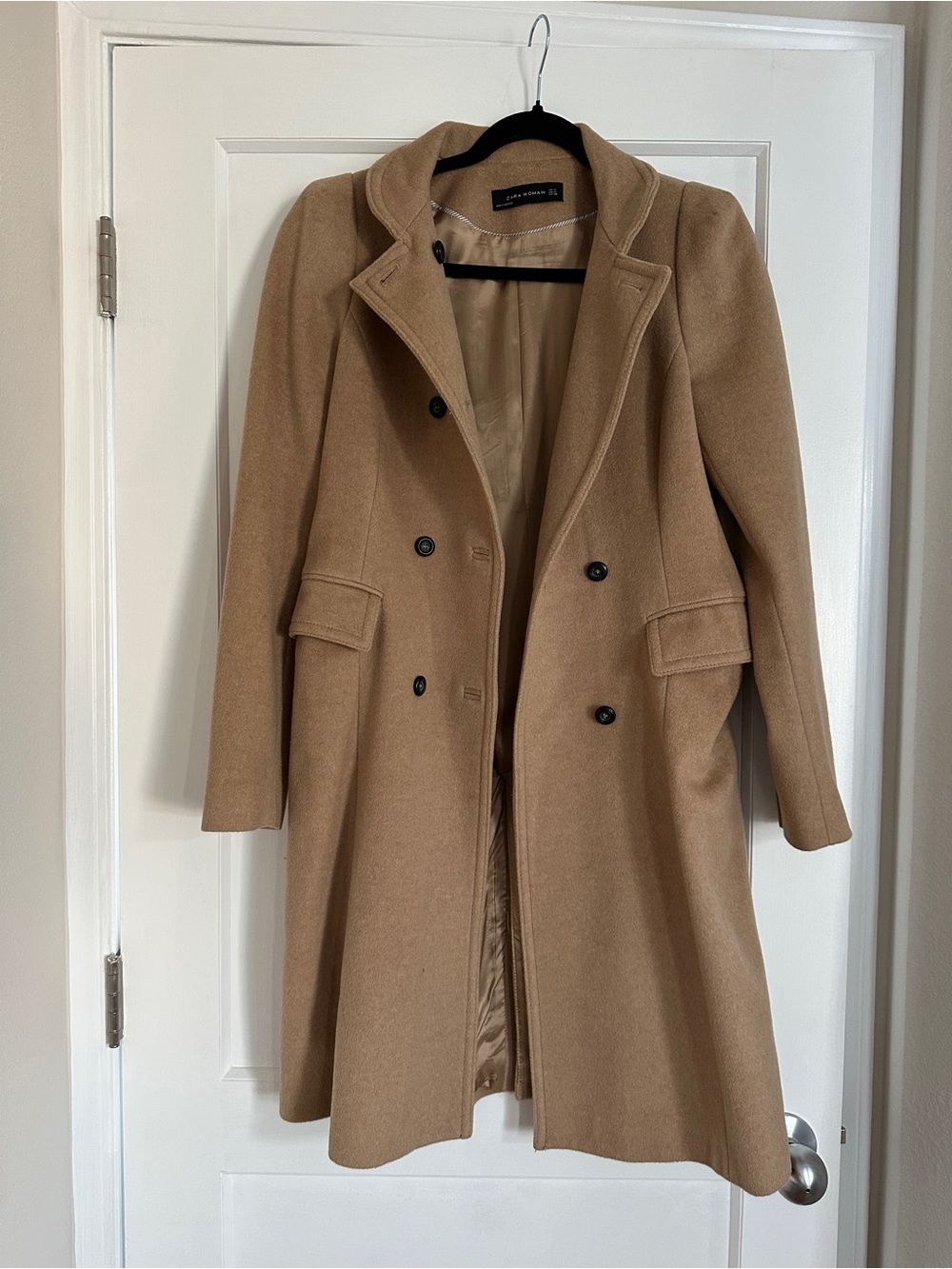 Zara Wool-Blend Double-Breasted Camel Coat M